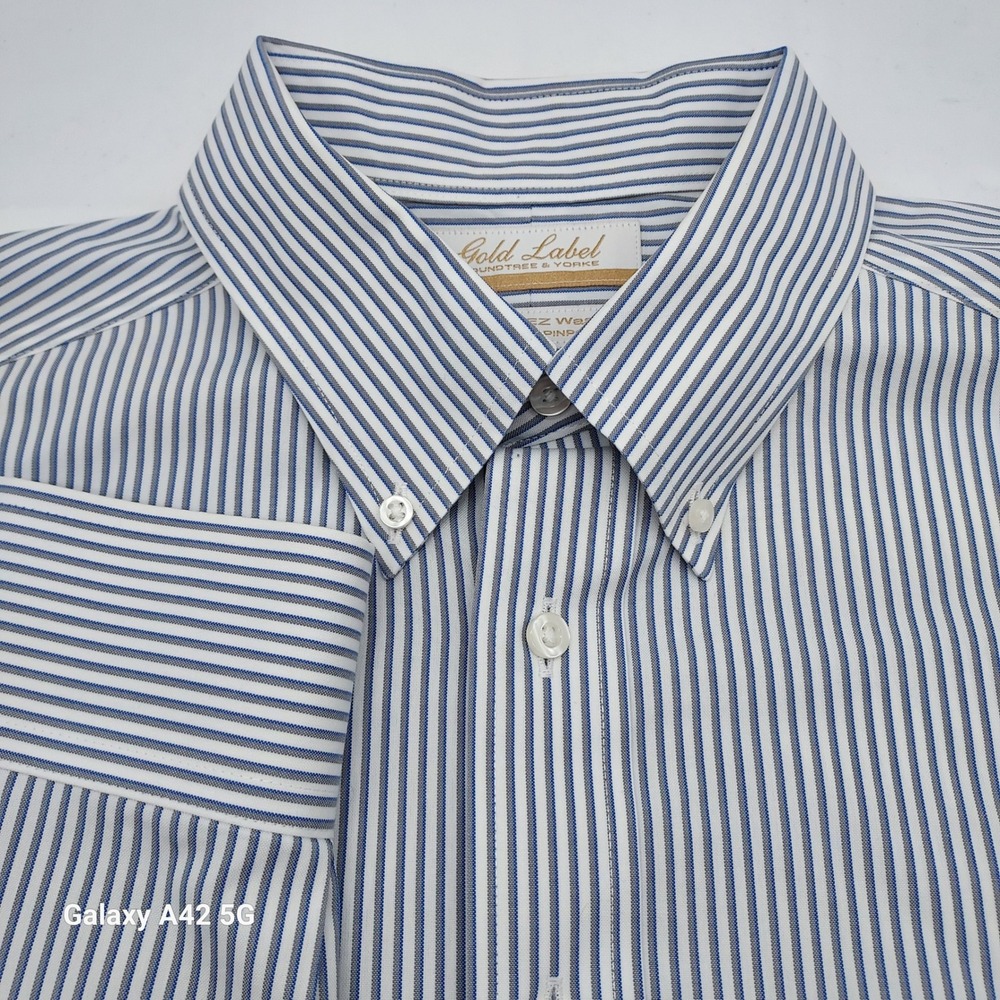Roundtree & Yorke Gold Label Mens 16 34 Blue White Striped Dress Shirt TAA1812‎